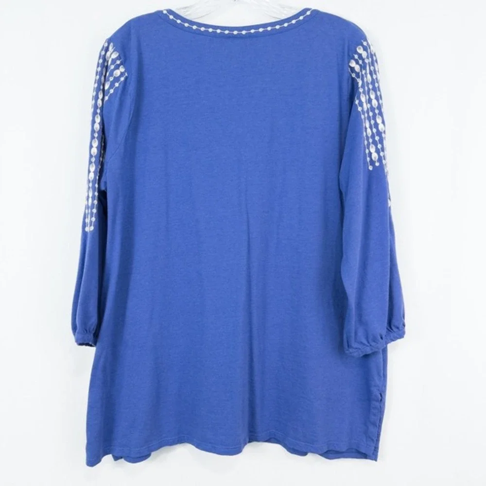 J Jill‎ Embroidered 3/4 Sleeve Tunic Top Petite Large Blue Boho Coastal Beach - Picture 2 of 16